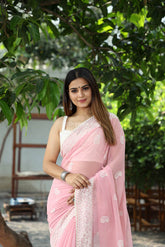 Pink Color Lucknow Thread Work Soft Chinon Saree